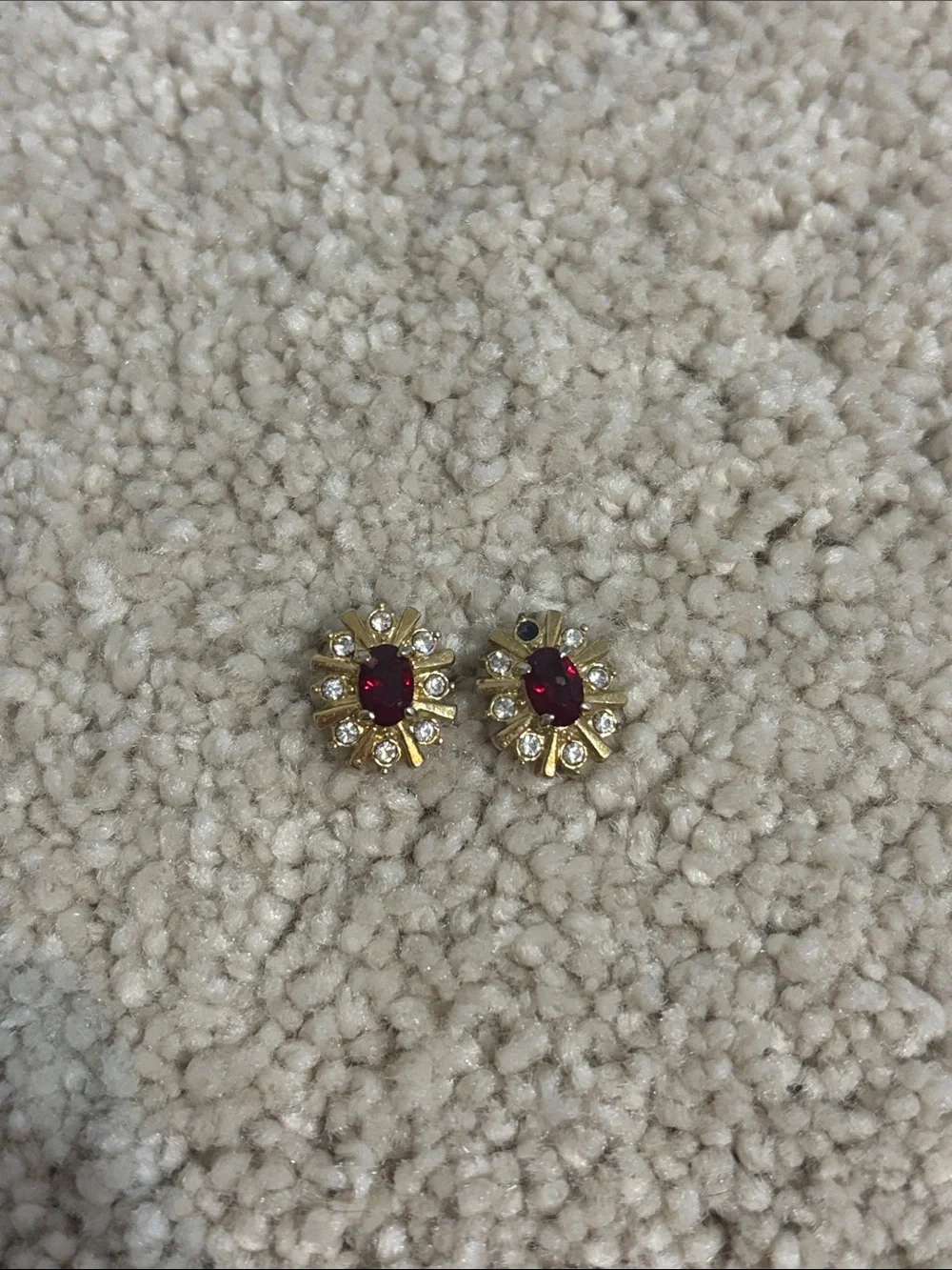 Vintage Gold Floral Halo Earrings with Red Stones